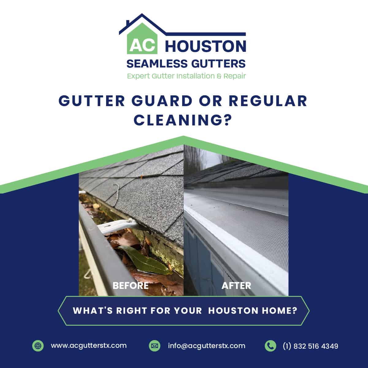 A.C. Houston Seamless Gutters comparison of clogged and clean gutters. Clogged gutter is overflowing with leaves and debris. Clean gutter has gutter guards installed and is free of debris. Call A.C. Houston Seamless Gutters +1 832 516 4349 for a free estimate today!