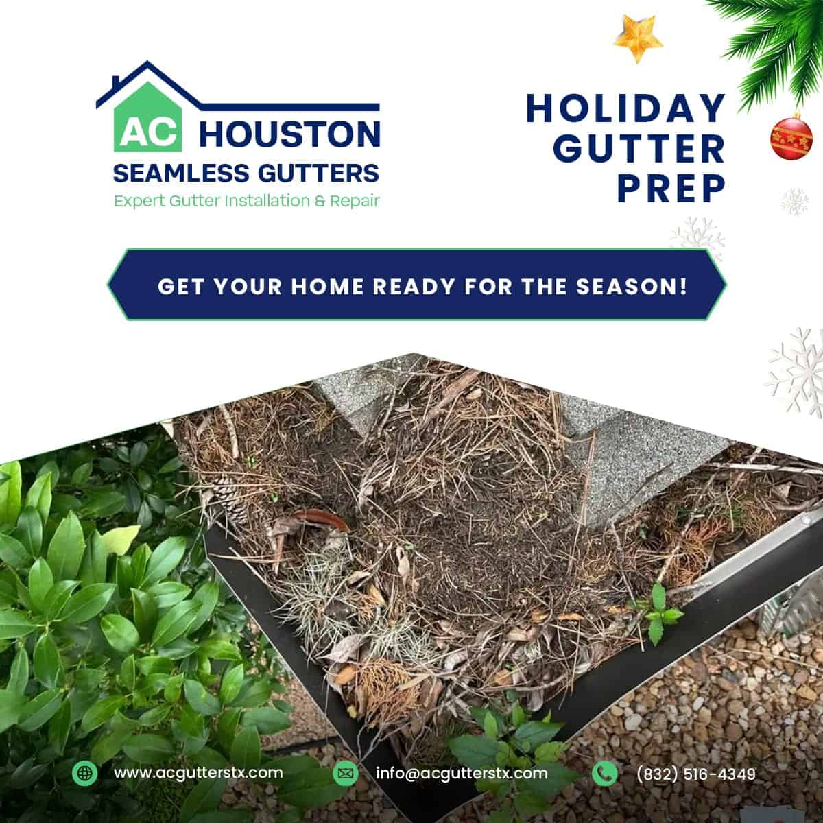 Holiday Gutter Prep This image depicts collapsed gutters, illustrating the potential damage that can occur when gutters are not properly maintained. To avoid such issues, turn to AC Houston Seamless Gutters, known for their high-quality, custom-fit seamless gutters that are both durable and low-maintenance.